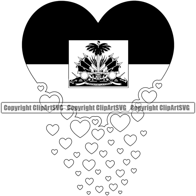 Country Map Nation National Haiti Hearts Falling Black White Color Design Element Haitian Flag Emblem Badge Symbol Icon Global Official Sign Logo Clipart SVG