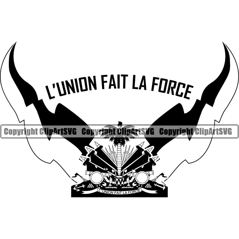 Country Map Nation National Haiti Haitian Lunion Fait La Force Quote Wings Text Design Element Flag Emblem Badge Symbol Icon Global Official Sign Logo Clipart SVG