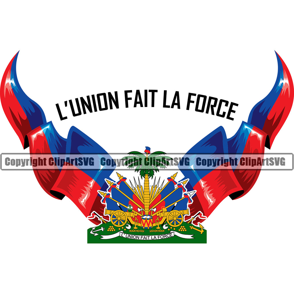 Country Map Nation National Haiti Haitian Lunion Fait La Force Quote Color Wings Text Design Element Flag Emblem Badge Symbol Icon Global Official Sign Logo Clipart SVG