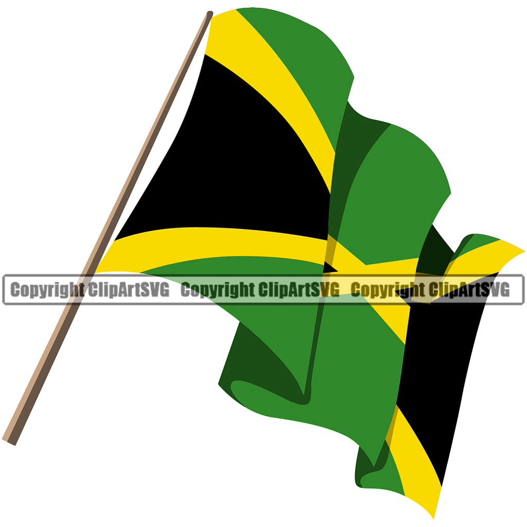 Country Map Nation National Color Flag Pole Wavy Design Element Emblem Badge Symbol Global Sign Jamaica Jamaican Rasta Reggae Rastafari Caribbean Island Logo Clipart SVG