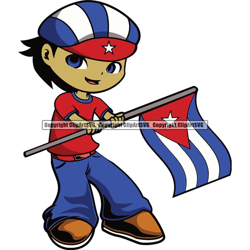 Country Flag Nation National Cuba Country Cute Little Boy Black Hair Flag Design Latin Latino Latina Spanish Caribbean Island Emblem Badge Symbol Icon Global Official Sign Design Logo Clipart SVG