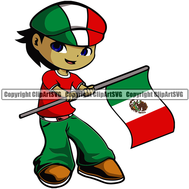Country Map Nation National Cute Little Boy Black Hair Mexico Flag Design Element Emblem Badge Latin Latino Latina Spanish Caribbean Island Mexican Icon Global Official Sign Logo Clipart SVG