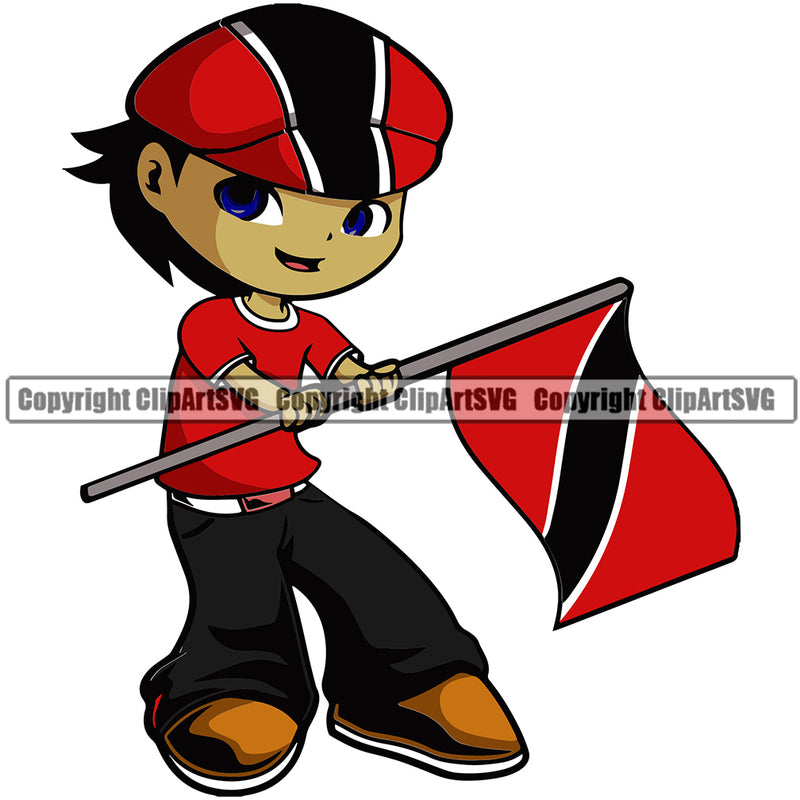Country Map Nation National Emblem Badge Cute Little Boy Black Hair Design Element Hand Holding Flag Trinidad Symbol Icon Trinidad And Tobago Flag Latin Latino Latina Global Spanish Caribbean Island Trinidadians Tobagonians Official Sign Logo Clipart SVG