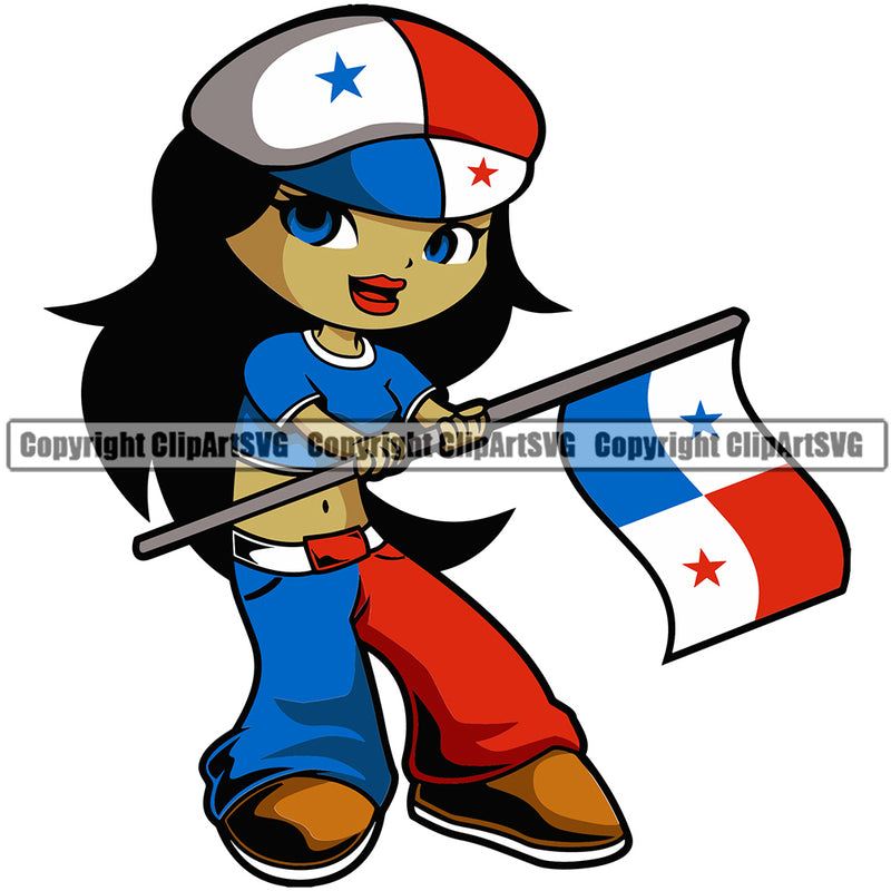 Country Map Nation National Cute Little Girl Black Hair Hand Flag Design Element Panama Panamanian Flag Emblem Badge Symbol Icon Global Official Sign Logo Clipart SVG