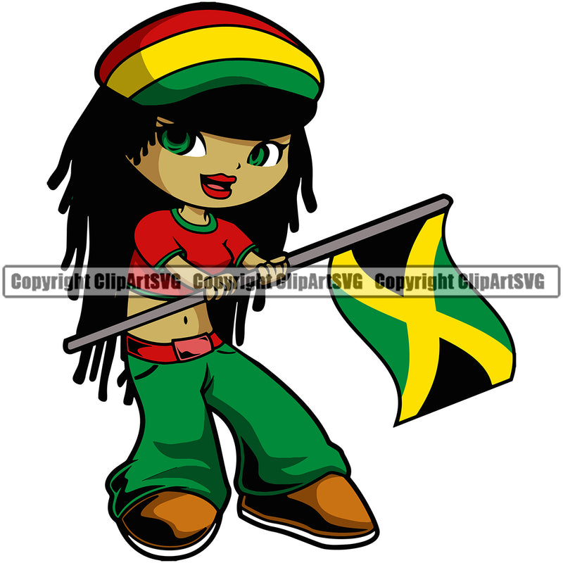 Country Map Nation National Cute Little Girl Black Hair Reggae Jamaica Color Design Element Emblem Badge Jamaican Rasta Reggae Rastafari Caribbean Island Icon Global Official Sign Logo Clipart SVG