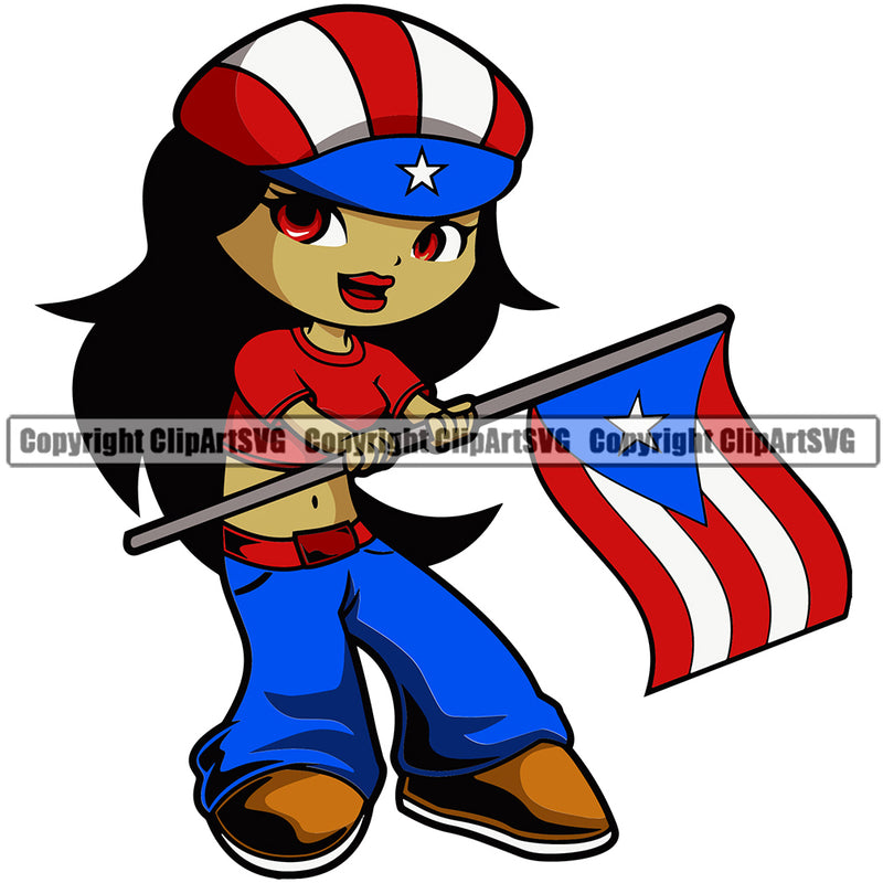 Country Map Nation National Flag Little Girl Black Hair Puerto Rico Hand Flag Color Design Element Emblem Badge Symbol Icon Global Official Sign Design Logo Clipart SVG