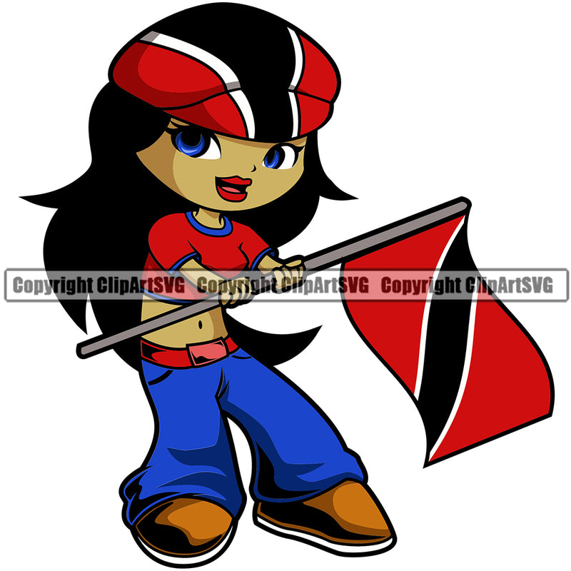 Country Map Nation National Cute Little Girl Black Hair Design Element Trinidad Hand Holding Flag Badge Symbol Icon Trinidad And Tobago Flag Latin Latino Latina Global Spanish Caribbean Island Trinidadians Tobagonians Official Sign Logo Clipart SVG
