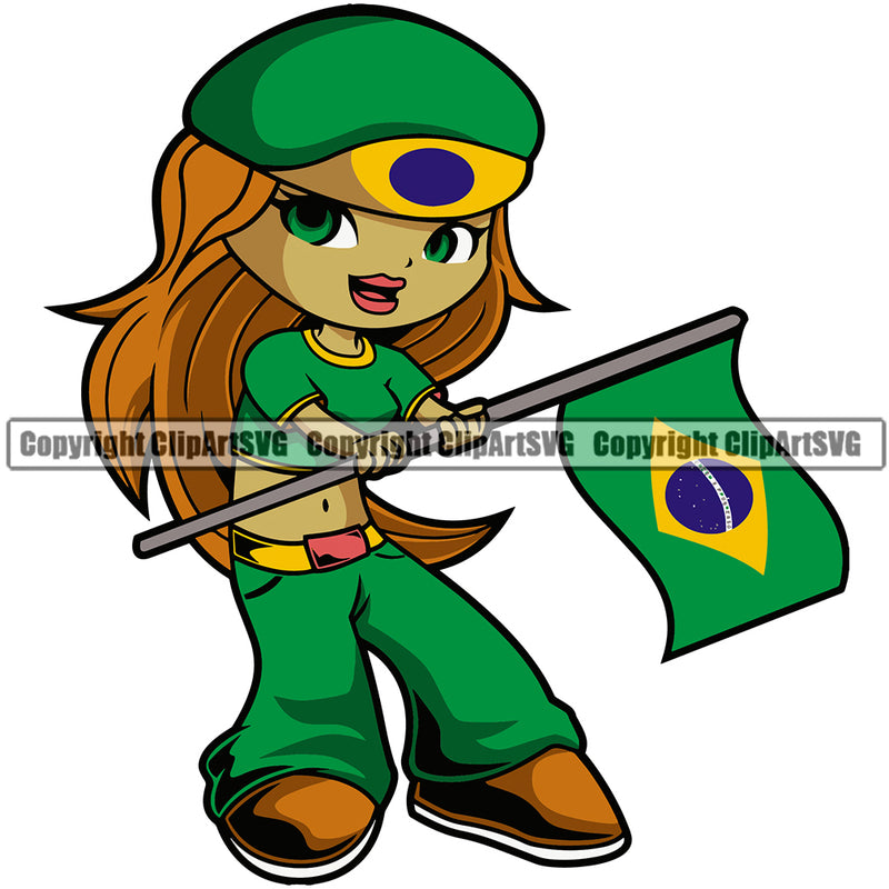 Country Flag Cute Little Girl Blonde Hair Brazil Design Element Map Latin Latino Latina Spanish Brazilin Nation National Emblem Badge Symbol Icon Global Official Sign Design Logo Clipart SVG