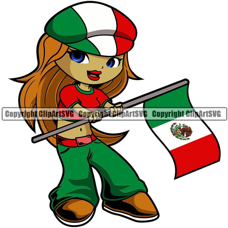 Country Map Nation National Cute Little Girl Blonde Hair Mexico Emblem Badge Symbol Icon Global Mexico Mexican Flag Latin Latino Latina Spanish Caribbean Sign Logo Clipart SVG