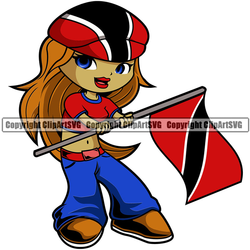 Country Map Nation National Cute Little Girl Blonde Hair Design Element Emblem Badge Symbol Icon Trinidad And Tobago Flag Latin Latino Latina Global Spanish Caribbean Island Trinidadians Tobagonians Official Sign Logo Clipart SVG