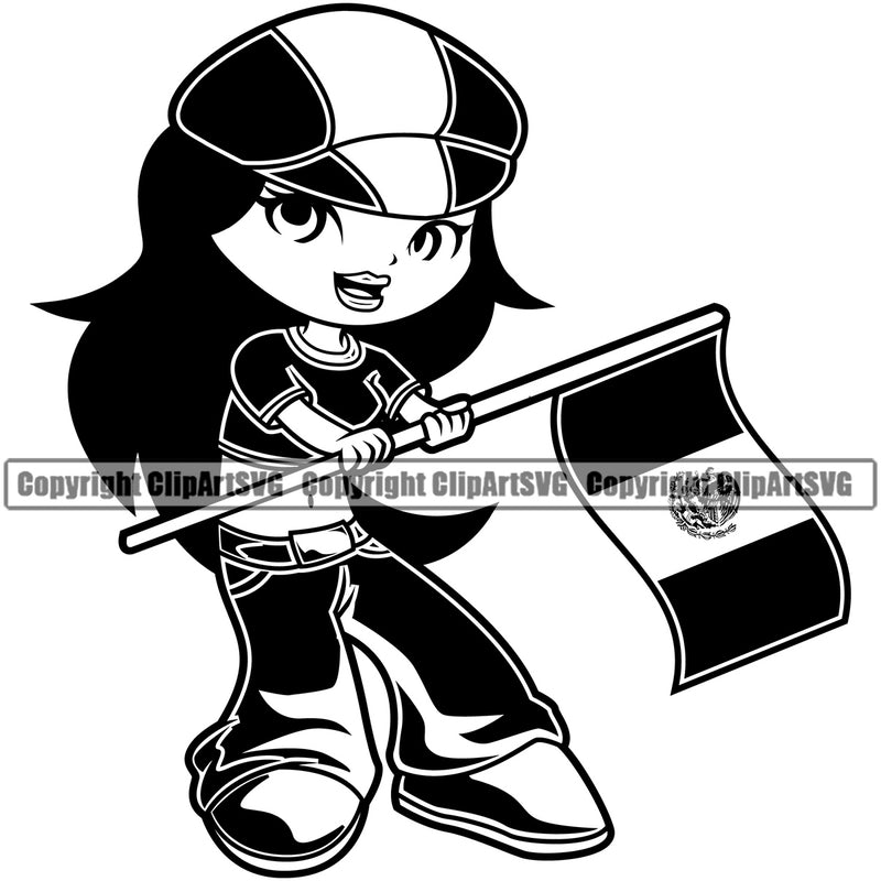 Country Map Nation National Mexico Cute Little Girl Black Hair Design Element Emblem Badge Symbol Icon Official Mexican Flag Latin Latino Latina Spanish Caribbean Island Logo Clipart SVG