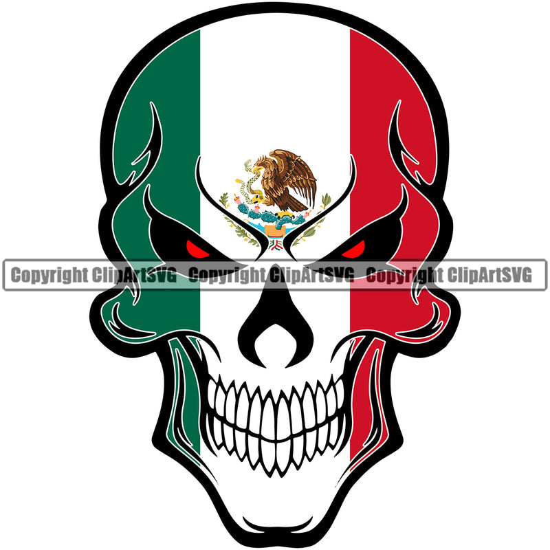 Country Map Nation Skull Skeleton Red Eyes Color Design Element Emblem Badge Mexico Mexican Flag Latin Latino Latina Spanish Caribbean Island Icon Global Official Sign Logo Clipart SVG
