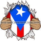 Country Map Nation National Puerto Rico Hand Hands Rip Ripping Open Shirt Color Design Element Flag Emblem Badge Rican Symbol Latin Latino Latina Spanish Caribbean Island Icon Global Official Sign Logo Clipart SVG