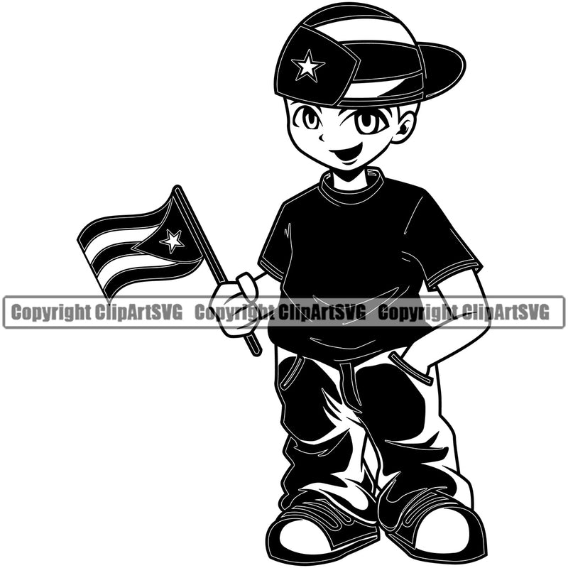Country Map Nation National Puerto Rico Little Boy Baseball Cap Blue Shirt Hand Holding Flag Design Element Emblem Badge Rican Symbol Latin Latino Latina Spanish Caribbean Island Icon Global Official Sign Logo Clipart SVG