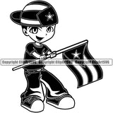 Country Map Nation National Puerto Rico Little Boy Baseball Cap Blue Shirt Smile Face Hand Holding Flag Design Element Emblem Badge Rican Symbol Island Icon Global Official Latin Latino Latina Spanish Caribbean Logo Clipart SVG