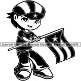 Country Map Nation National Puerto Rico Little Boy Black Hair Hand Holding Flag Emblem Badge Rican Symbol Latin Latino Latina Spanish Caribbean Island Icon Global Official Sign Logo Clipart SVG