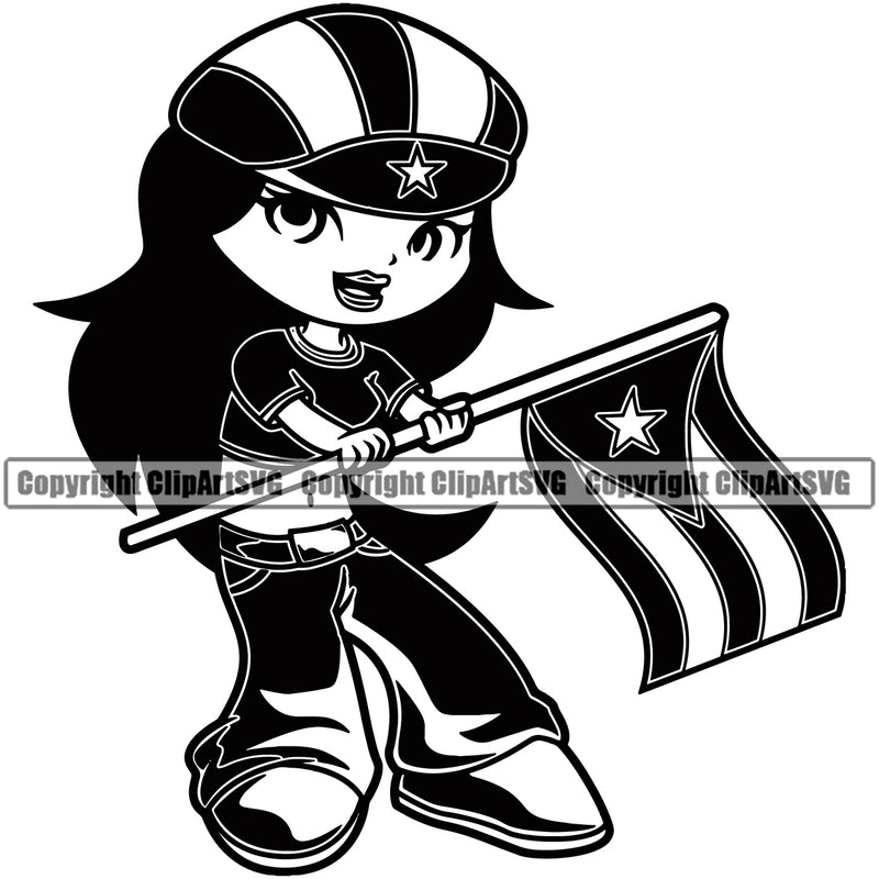 Country Map Nation National Puerto Rico Flag Little Girl Black Hair Hand Holding Flag Design Element Emblem Badge Rican Symbol Latin Latino Latina Spanish Caribbean Island Icon Global Official Sign Logo Clipart SVG
