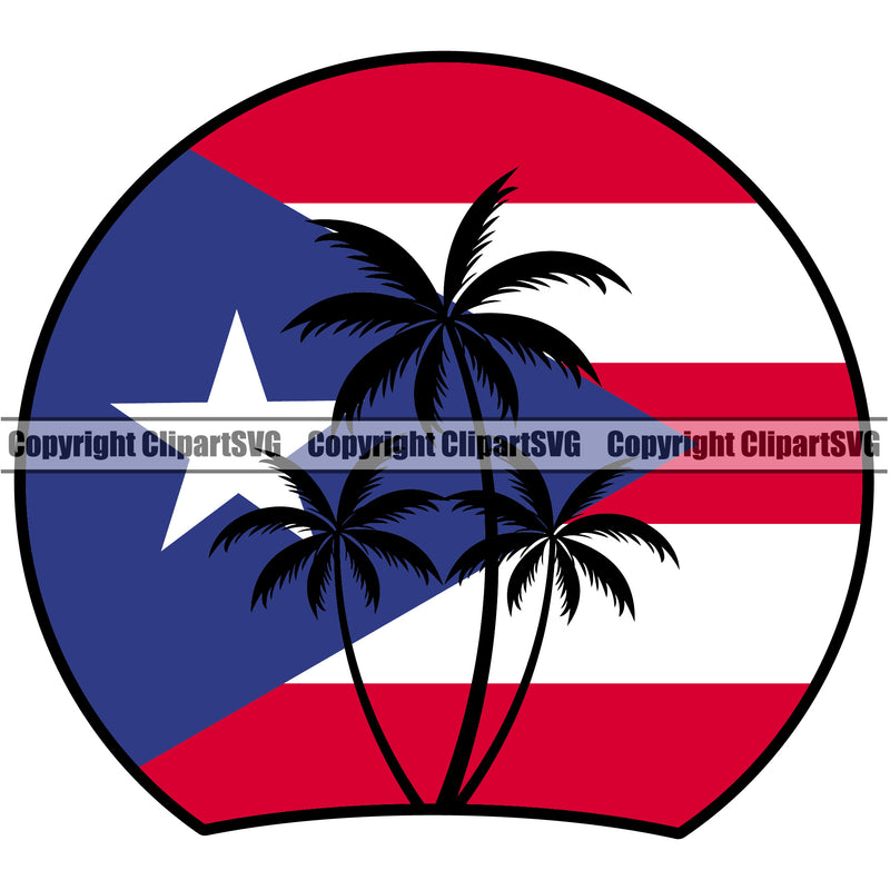 Country Map Nation National Puerto Rico Circle Logo Color Design Element Palm Tree Flag Emblem Badge Rican Island Icon Global Official Symbol Latin Latino Latina Spanish Caribbean Logo Clipart SVG