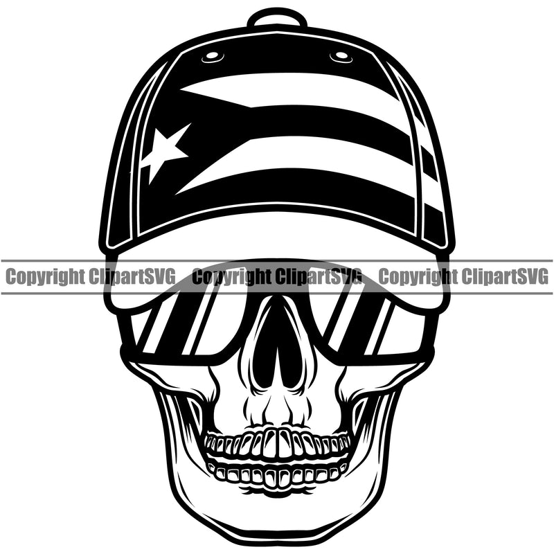 Country Map Nation National Puerto Rico Skull Skeleton Wearing Sunglasses Head Design Element Flag Emblem Badge Rican Symbol Latin Latino Latina Spanish Caribbean Island Icon Global Sign Logo Clipart SVG
