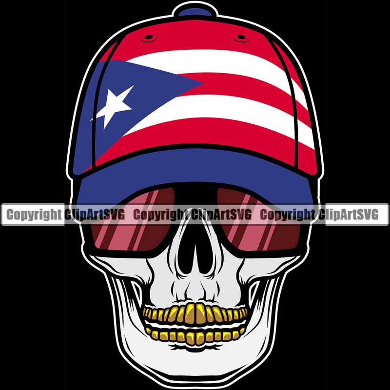 Country Map Nation National Gold Teeth Rico Skull Skeleton Color Design Element Wearing Sunglasses Head Flag Emblem Badge Rican Symbol Latin Latino Latina Spanish Caribbean Island Icon Global Official Sign Logo Clipart SVG