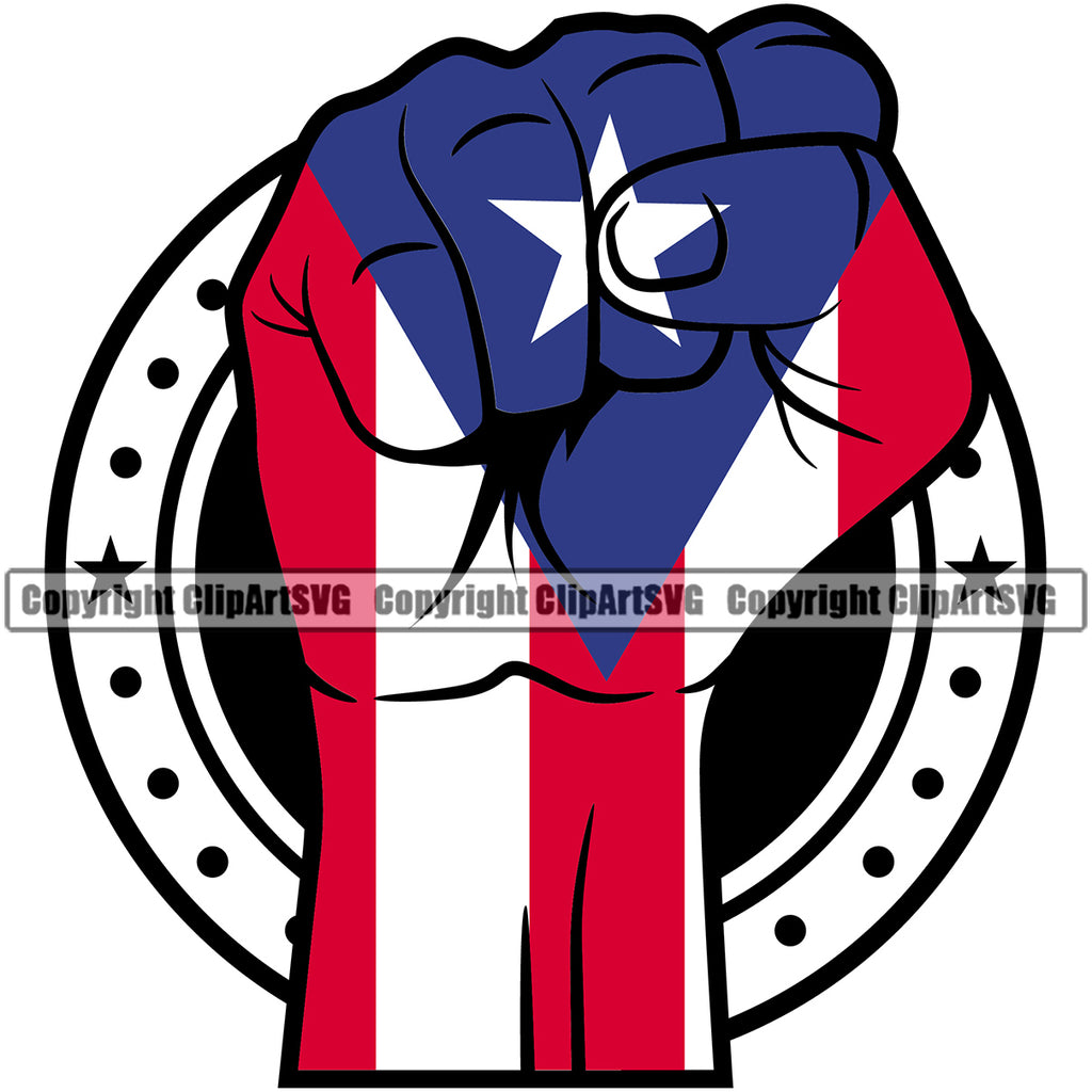 Country Map Nation National Puerto Rico Hand Color Fist Design Element Flag Emblem Badge Rican Symbol Latin Latino Hand Power Spanish Caribbean Island Icon Official Sign Logo Clipart SVG