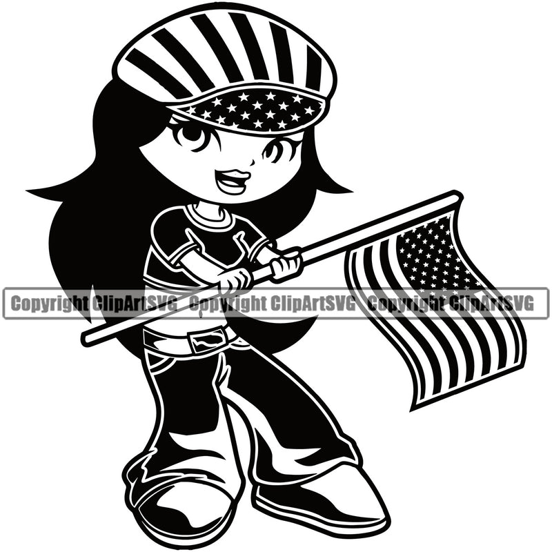 Country Map Nation National Emblem United States Flag Cute Little Girls Black Hair Design Element American USA US America Badge Symbol Icon Global Official Sign Logo Clipart SVG