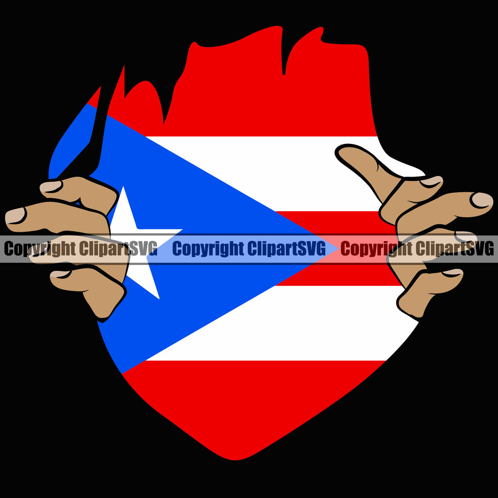 Country Map Nation National Puerto Rico Hand Hands Rip Ripping Pull Shirt Hole Flag Red Black Color Design Element Emblem Badge Rican Symbol Latin Latino Spanish Caribbean Island Icon Global Official Sign Logo Clipart SVG