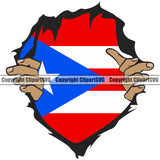 Country Map Nation National Puerto Rico Flag Hand Hands Rip Ripping Pull Shirt Hole Black African Cristian Design Element Emblem Badge Rican Symbol Latin Latino Latina Spanish Caribbean Island Icon Global Official Sign Logo Clipart SVG