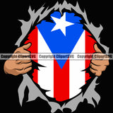 Country Map Nation National Puerto Rico Flag Hand Hands Rip Ripping Pull Shirt Hole Black Color Design Element Emblem Badge Rican Symbol Latin Latino Latina Spanish Caribbean Island Icon Global Official Sign Logo Clipart SVG