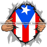 Country Map Nation National Puerto Rico Flag Hand Hands Rip Ripping Pull Shirt Hole Color Design Element Emblem Badge Rican Symbol Latin Latino Latina Spanish Caribbean Island Icon Global Official Sign Logo Clipart SVG