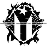 Country Map Nation National Puerto Rico Flag Hand Hands Rip Ripping Pull Shirt Hole Black Color Design Element White Shirt Emblem Badge Rican Symbol Latin Latino Latina Spanish Caribbean Island Icon Global Sign Logo Clipart SVG