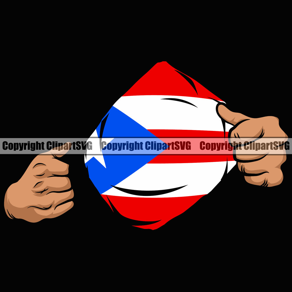 Country Map Nation National Puerto Rico Flag Emblem Badge Rican Symbol Latin Hand Hands Rip Ripping Pull Shirt Hole Color Design Element Latino Latina Caribbean Island Icon Global Official Sign Logo Clipart SVG