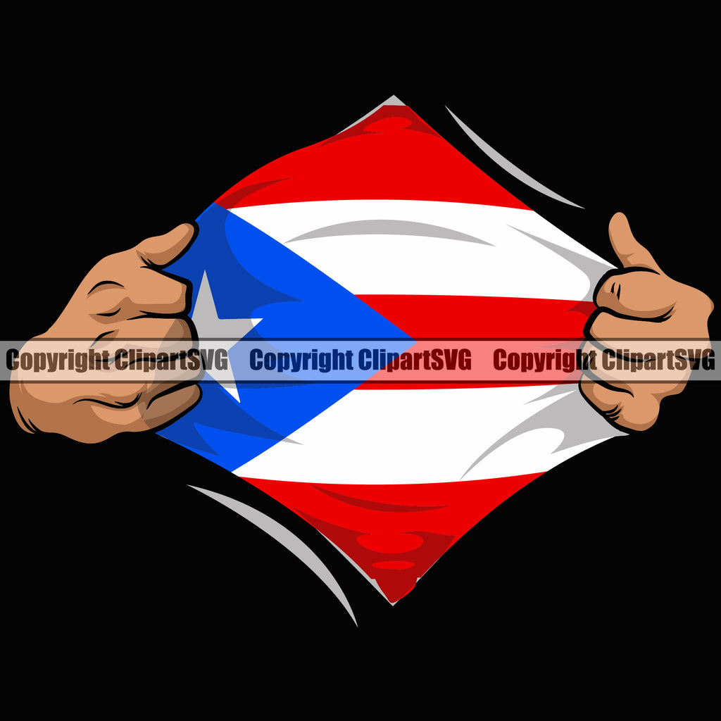 Country Map Nation National Puerto Rico Flag Emblem Badge Hand Hands Rip Ripping Pull Shirt Hole Color Hand Design Element Symbol Latin Latino Latina Spanish Caribbean Island Icon Global Official Sign Logo Clipart SVG