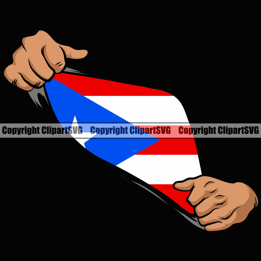 Country Map Nation National Puerto Rico Hand Hands Rip Ripping Flag Emblem Badge Rican Symbol Latin Latino Latina Spanish Caribbean Island Icon Black Tshirt T-Shirt Pull Hands Hole Design Global Official Sign Logo Clipart SVG