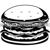 Black And White Food Hamburger With Cheese Design Element Lunch Fresh Restaurant Fast Meal Dinner Delicious Cooking Cook Chef Menu Art Logo Clipart SVG