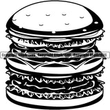 Black And White Food Hamburger With Double Decker Cheese Design Element Lunch Fresh Restaurant Fast Meal Dinner Delicious Cooking Cook Chef Menu Art Logo Clipart SVG
