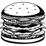 Black And White Food Hamburger With Double Toppings Cheese Design Element Lunch Fresh Restaurant Fast Meal Dinner Delicious Cooking Cook Chef Menu Art Logo Clipart SVG
