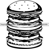 Black And White Food Hamburger With Quad Cheese Design Element BW Lunch Fresh Restaurant Fast Meal Dinner Delicious Cooking Cook Chef Menu Art Logo Clipart SVG