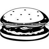 Black And White Food Hamburger Single Cheese Design Element BW Lunch Fresh Restaurant Fast Meal Dinner Delicious Cooking Cook Chef Menu Art Logo Clipart SVG