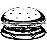 Black And White Food Hamburger Single Cheese Design Element BW White Background Lunch Fresh Restaurant Fast Meal Dinner Delicious Cooking Cook Chef Menu Art Logo Clipart SVG
