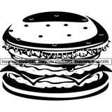 Black And White Food Hamburger Cheese Design Element BW White Background Lunch Fresh Restaurant Fast Meal Dinner Delicious Cooking Cook Chef Menu Art Logo Clipart SVG