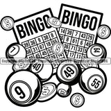 Bingo Game Luck Lottery Gambling Ball Black Number Puzzles Vector Design Element Dollar Sign Coin White Background Jackpot Win Play Casino Lucky Lotto Winner Gamble Sport Art Logo Clipart SVG
