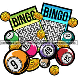 Bingo Game Luck Lottery Gambling Ball Color Number Puzzles Vector Design Element Dollar Sign Coin White Background Lot Of Balls Jackpot Win Play Casino Lucky Lotto Winner Gamble Sport Art Logo Clipart SVG