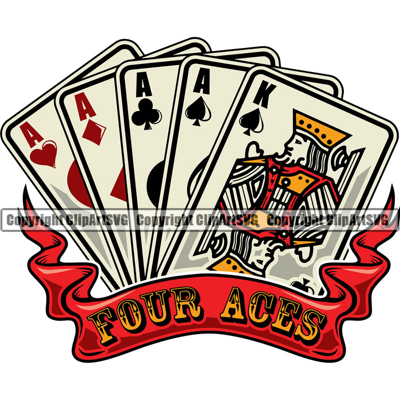 Four ACES Color Quote Poker Game Cards Vector Design Element With Red Color Ribbon Casino Texas Hold Em Game Gamble Gabler Gambling Winner Play Bet Win Las Vegas Jackpot Chip Art Design Logo  Clipart SVG
