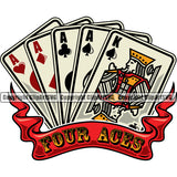 Four ACES Color Quote Poker Game Cards Vector Design Element With Red Color Ribbon Casino Texas Hold Em Game Gamble Gabler Gambling Winner Play Bet Win Las Vegas Jackpot Chip Art Design Logo  Clipart SVG