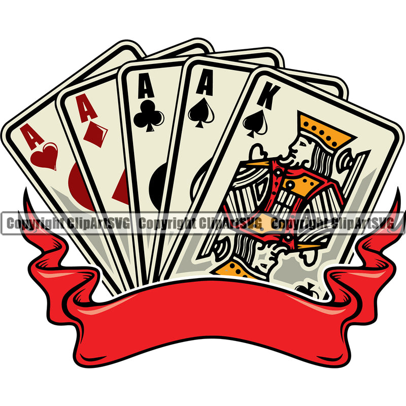Poker Game Cards Vector Design Element With Red Color Ribbon White Background Casino Texas Hold Em Game Gamble Gabler Gambling Winner Play Bet Win Las Vegas Jackpot Chip Art Design Logo  Clipart SVG