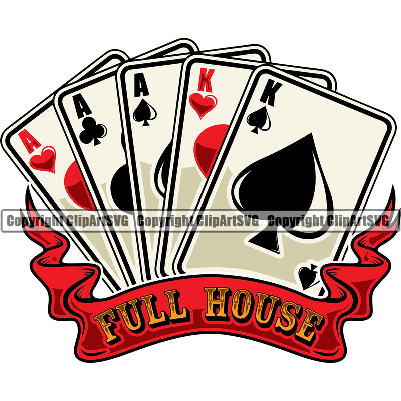 Full House Color Quote Game Poker Card Full House Arc Ribbon Vector Design Element White Background Poker Casino Texas Hold EM Game Gamble Gabler Gambling Winner Play Bet Win Las Vegas Jackpot Chip Art Design Logo  Clipart SVG