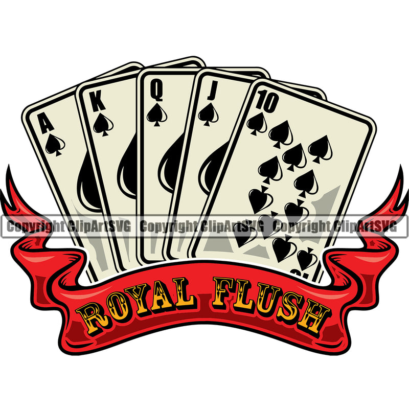 Royal Flush Color Quote Game Poker Card Full House Arc Ribbon Vector Design Element White Background Poker Casino Texas Hold EM Game Gamble Gabler Gambling Winner Play Bet Win Las Vegas Jackpot Chip Art Design Logo  Clipart SVG