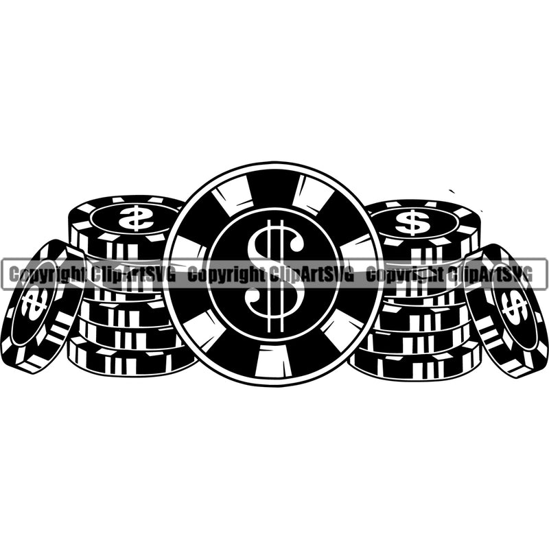 Middle Dollar Sign Black And White Game Lot Of Poker Chips On Floor Vector Design Element White Background Casino Texas Hold EM Game Gamble Gabler Gambling Winner Play Bet Win Las Vegas Jackpot Chip Art Design Logo  Clipart SVG