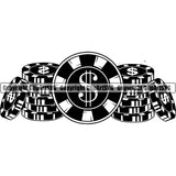 Middle Dollar Sign Black And White Game Lot Of Poker Chips On Floor Vector Design Element White Background Casino Texas Hold EM Game Gamble Gabler Gambling Winner Play Bet Win Las Vegas Jackpot Chip Art Design Logo  Clipart SVG